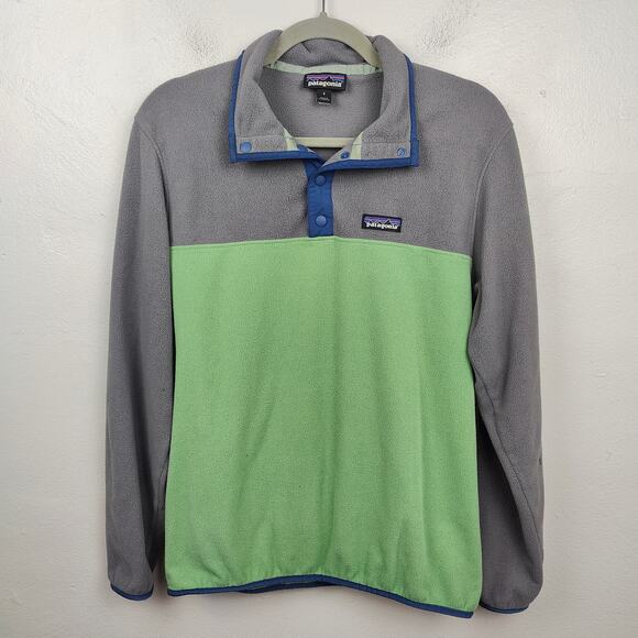 Patagonia Micro D Snap-T Pullover Jacket Men Small Green Gray Colorblock Sweater - Picture 1 of 9